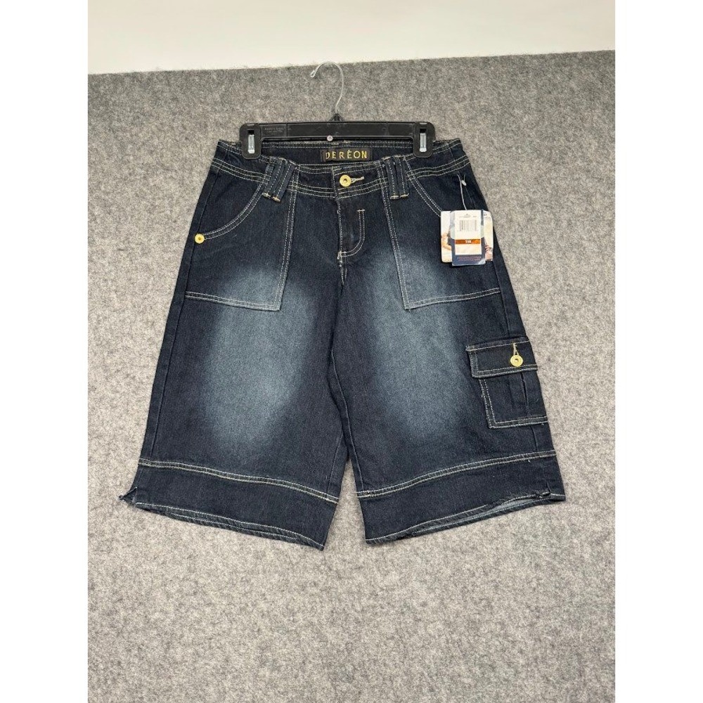 Dereon Mens Dark Wash Denim Cargo Shorts Contrast Stitch Streetwear Size 7/8 NWT